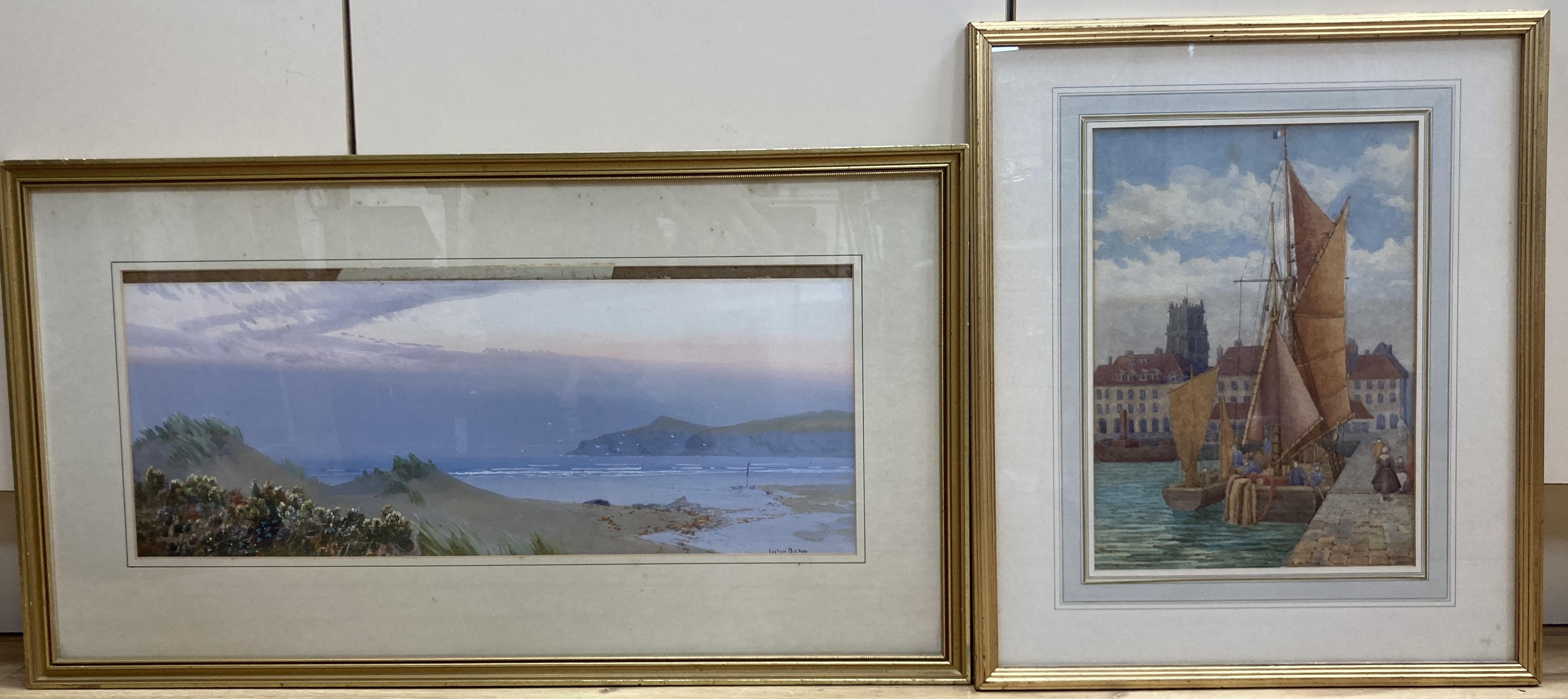 Evelyn Bishop, gouache, Coastal landscape, signed, 23 x 56cm and a watercolour of Dieppe harbour by A.K. Ward (18)97, 33 x 24cm